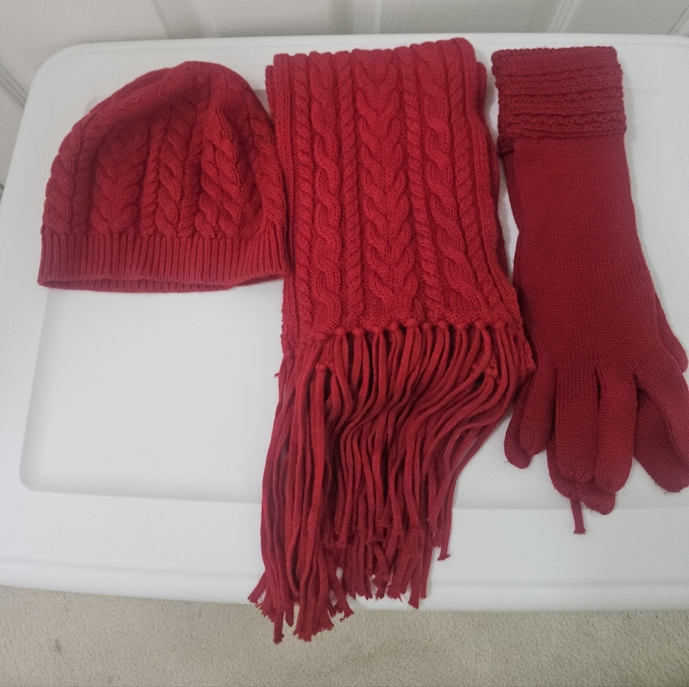 Talbots Red Cable Knit Scarf, Hat and Gloves Bundle.